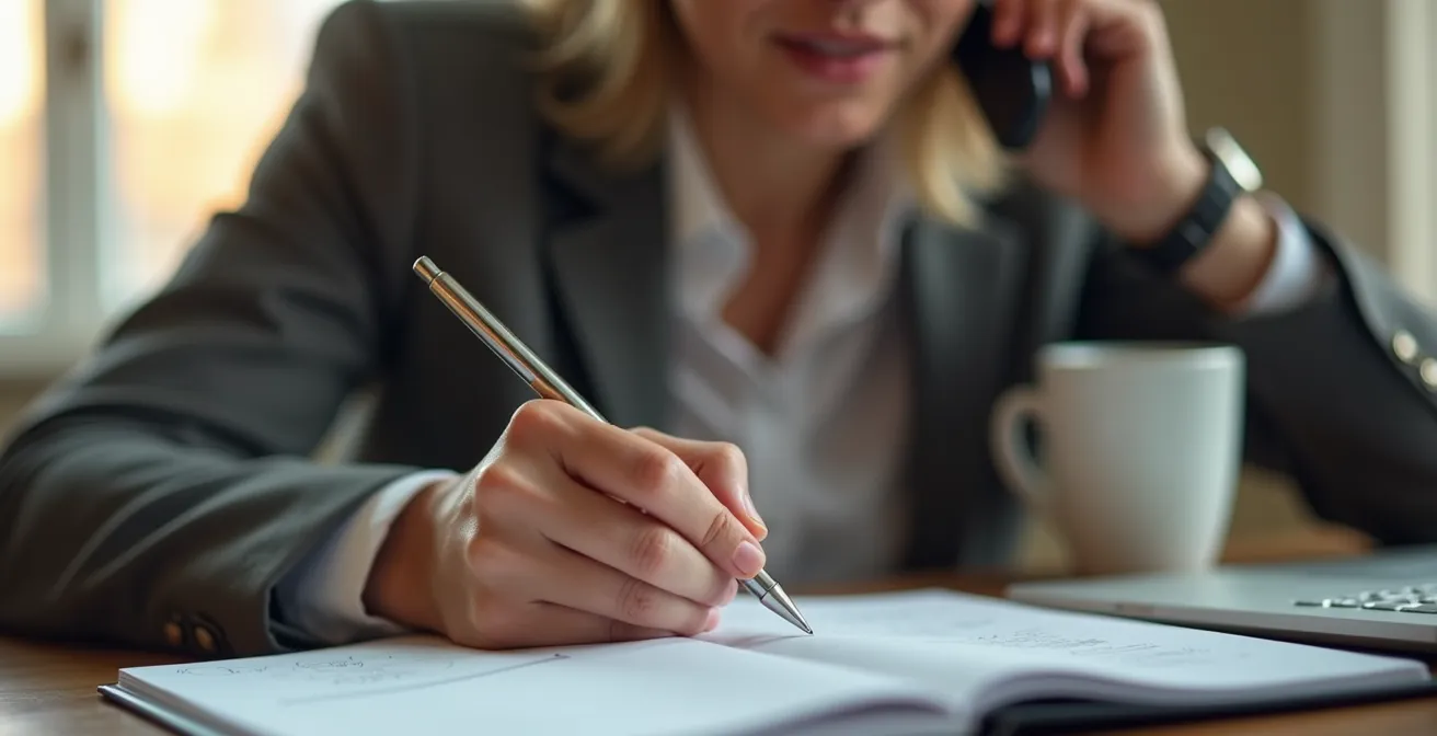 Personne prenant des notes pendant un appel téléphonique professionnel