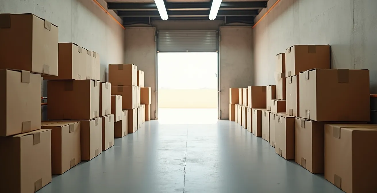 Intérieur d'un box de stockage avec cartons empilés et allée d'accès