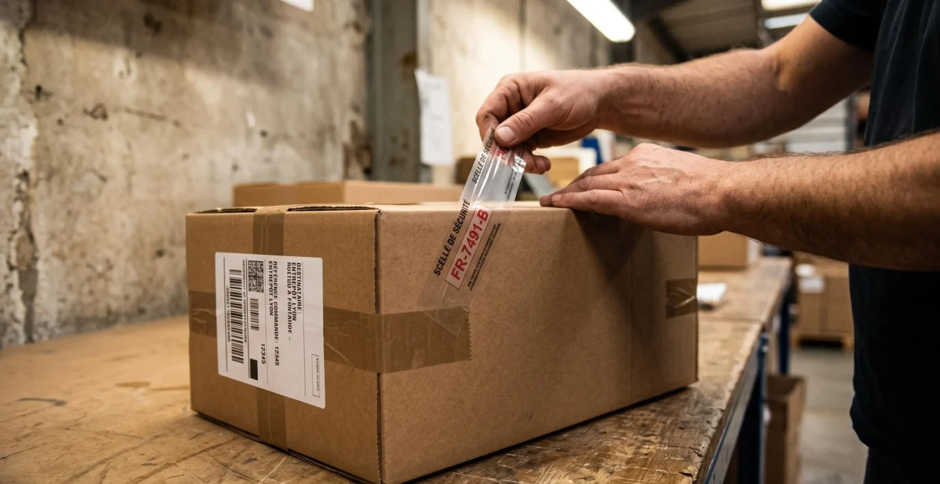 Mains d'opérateur logistique appliquant un scellé de sécurité transparent numéroté sur rabat de carton fermé avec étiquette code-barres et ruban adhésif renforcé dans un atelier industriel