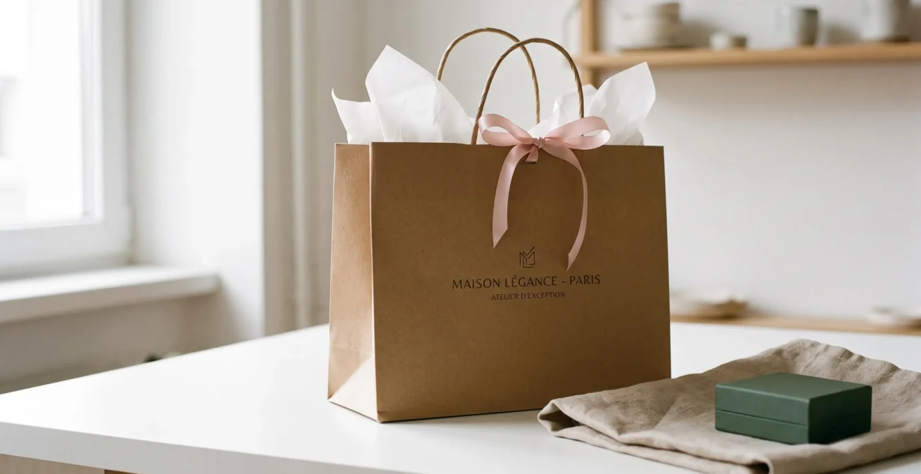 Sac kraft luxe couleur naturelle avec poignées torsadées et ruban satin, papier de soie blanc visible à l'ouverture, posé sur table blanche aux côtés de tissu plié et boîte bijoux