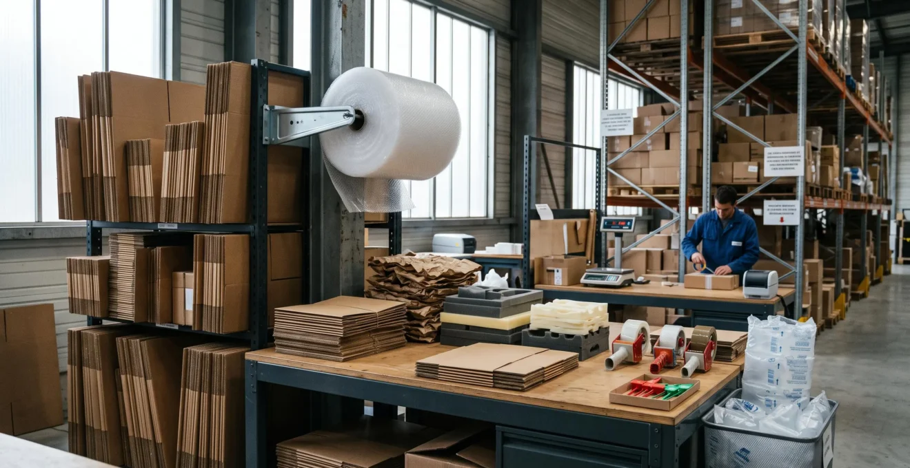 Zone d'expédition professionnelle avec station d'emballage : cartons de différentes tailles rangés verticalement, rouleaux de papier bulle, matériaux de calage et outils de scellage organisés sur plan de travail dans un entrepôt industriel moderne