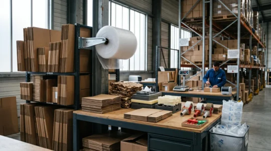 Zone d'expédition professionnelle avec station d'emballage : cartons de différentes tailles rangés verticalement, rouleaux de papier bulle, matériaux de calage et outils de scellage organisés sur plan de travail dans un entrepôt industriel moderne