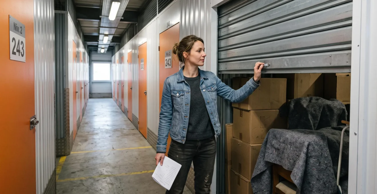 Une femme ouvre la porte métallique d'un box de stockage dans un couloir de centre de self-stockage en France.