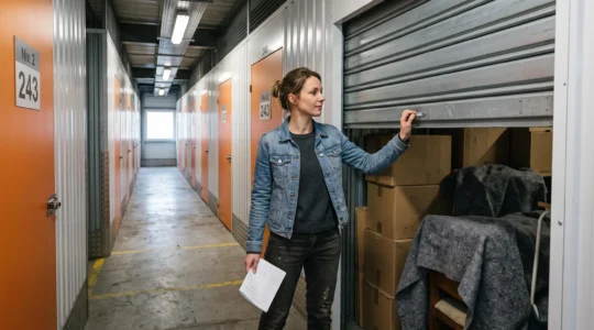 Une femme ouvre la porte métallique d'un box de stockage dans un couloir de centre de self-stockage en France.