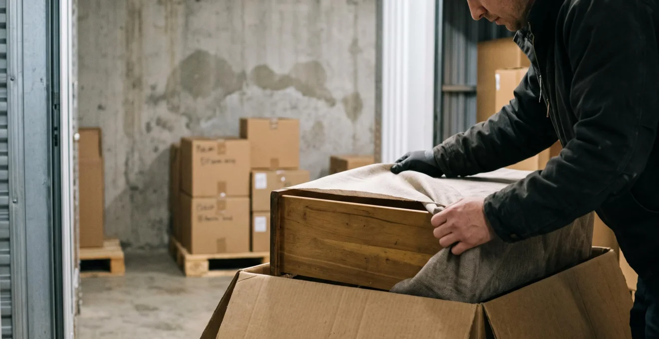 Des mains protègent un meuble en bois avec une housse respirante dans un box de stockage, cartons posés sur des palettes.