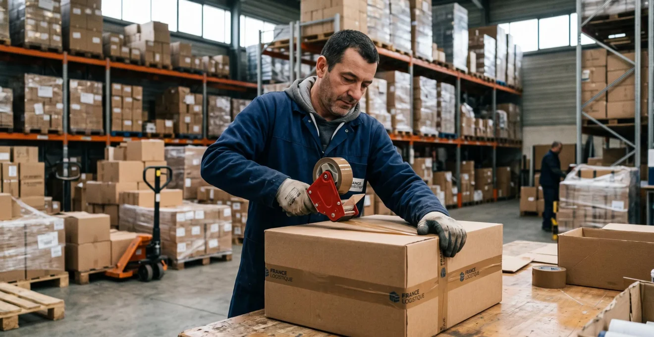 Un manutentionnaire scelle un carton lourd au rouleau adhésif dans un entrepôt.